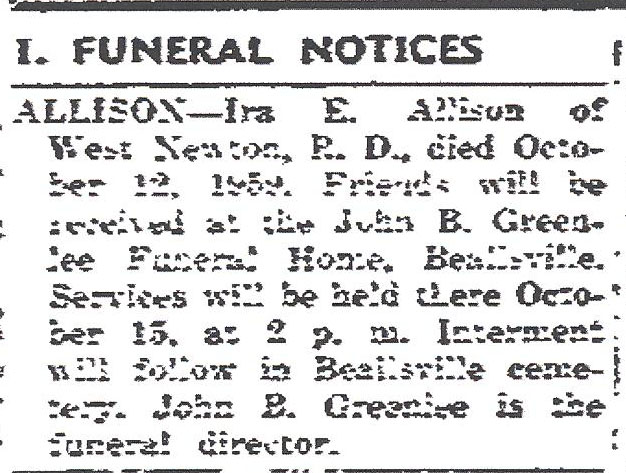 Ira E. Allison Funeral Notice